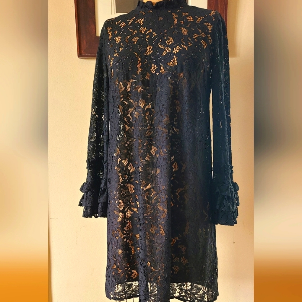 sheath dress floral lace dress bell sleeve black women's sz 4-6